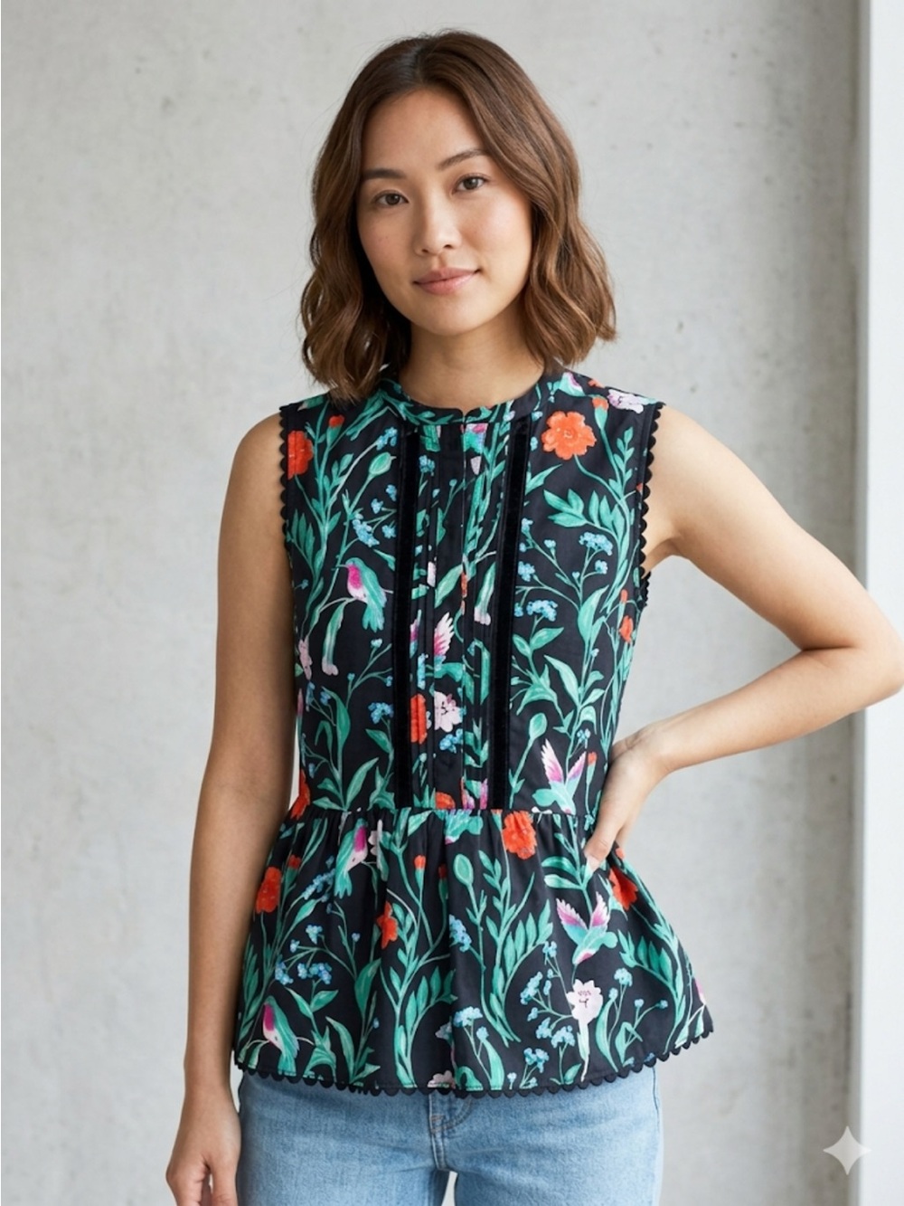 🖤 Kate Spade Hummingbird Floral Top – Size XS Bold Botanical Print Cottagecore